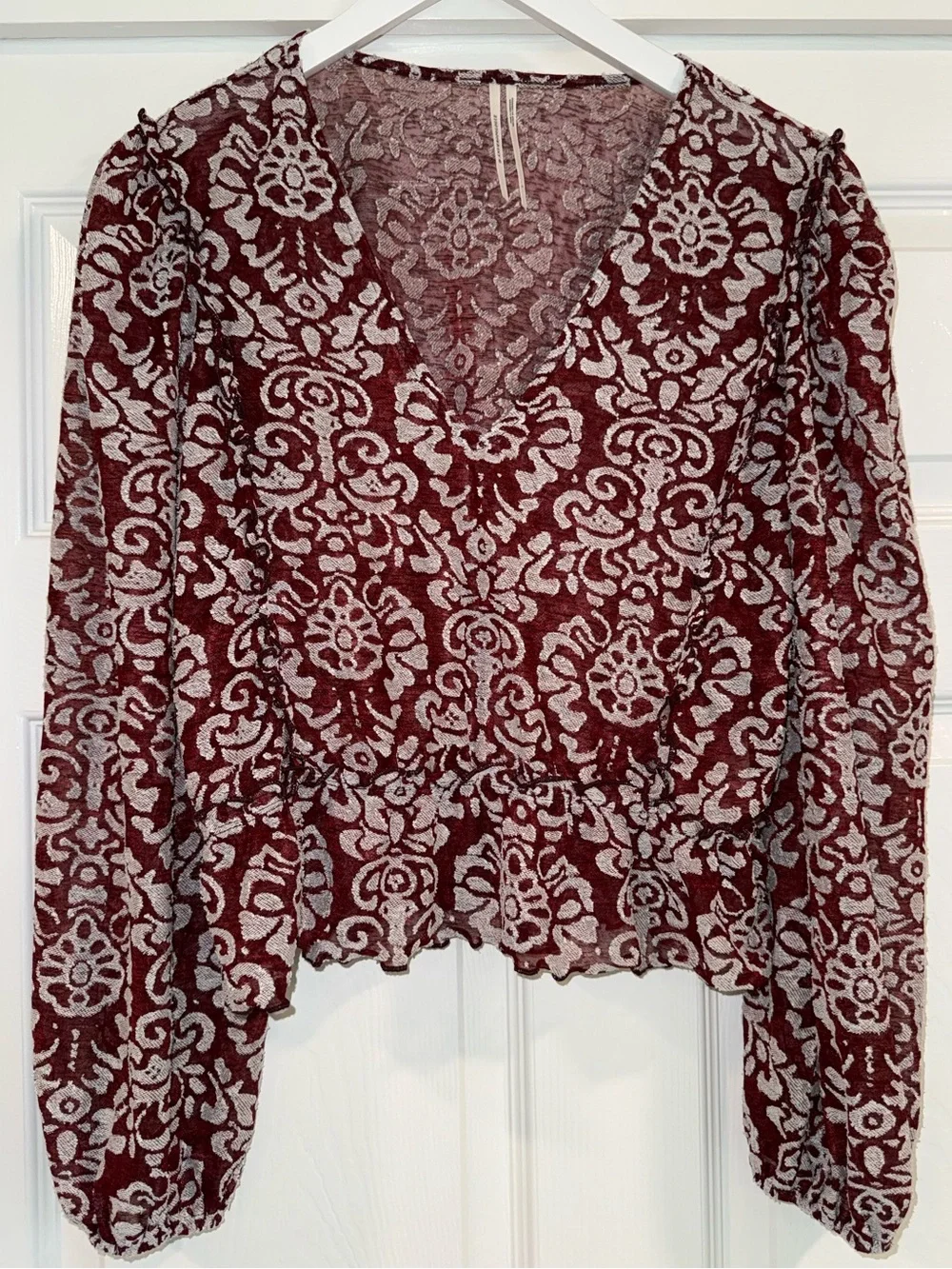 Anthropologie Jacquard Sheer V-Neck Long Sleeve Floral Peasant Blouse